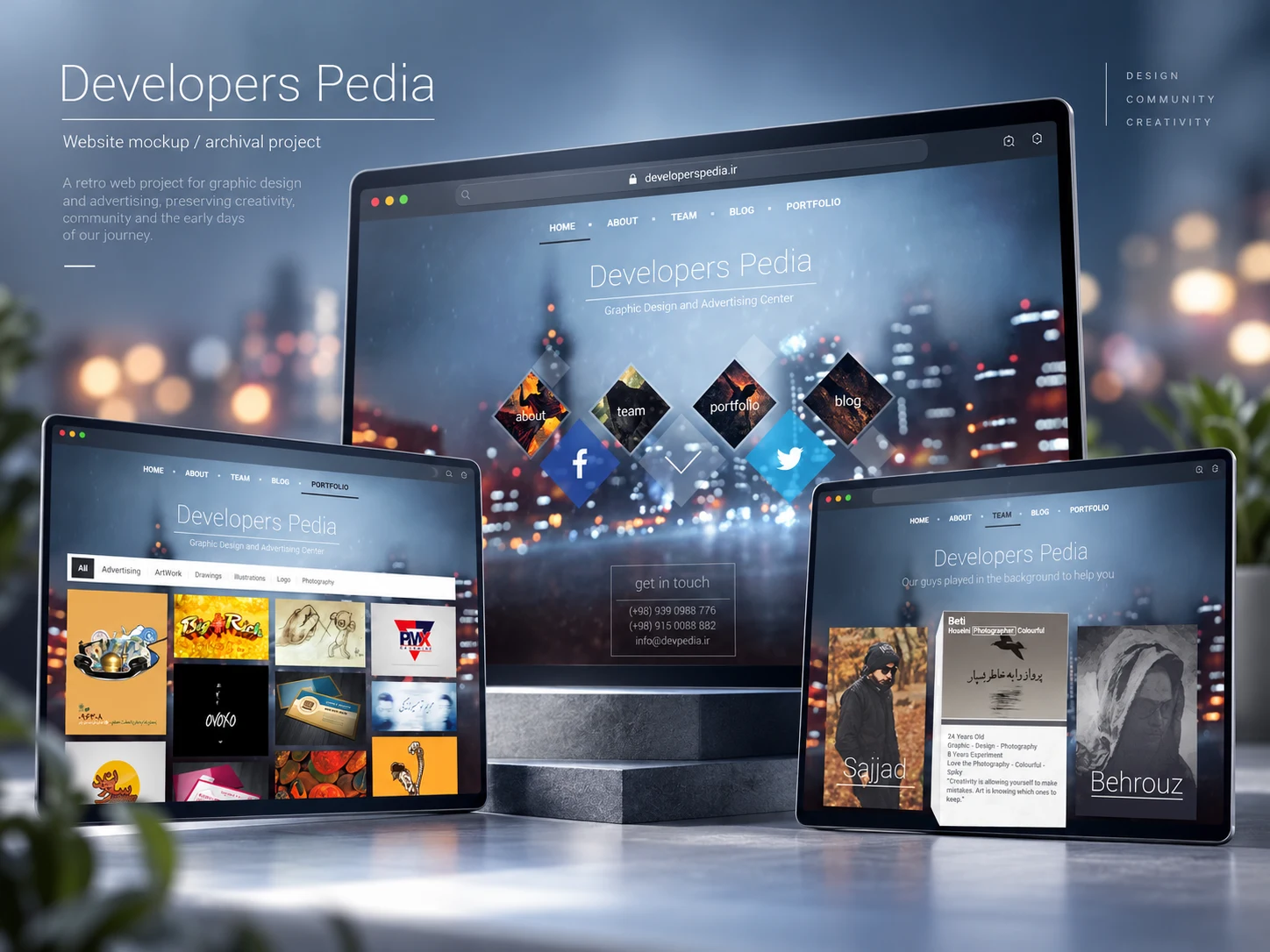 A presentation of the Developers Pedia website across desktop, tablet and phone screens.