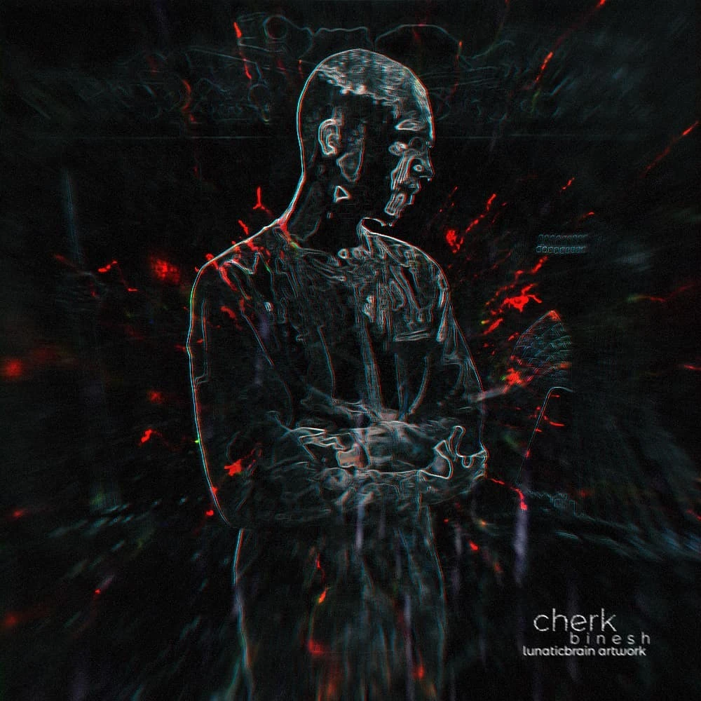 Dark portrait music artwork with red accents